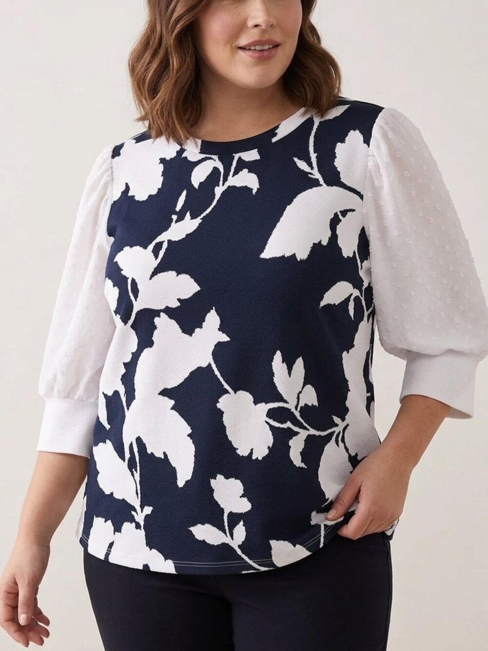LuLaRoe Moriella Puff Sleeve Mixed Media Top Navy Blue White XL